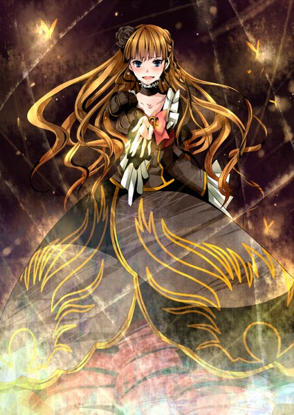 Anime picture 1203x1700 with umineko no naku koro ni beatrice everina (artist) long hair tall image blush open mouth blue eyes brown hair crying girl dress bow