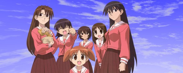 Anime picture 2560x1024 with azumanga daioh j.c. staff kasuga ayumu mihama chiyo takino tomo sakaki kagura (azumanga) mizuhara koyomi highres wide image dualscreen girl