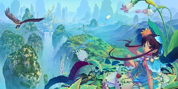 Anime picture 1196x600 with original karakuri (pixiv) long hair red eyes brown hair wide image hair flower landscape scenic waterfall girl dress hair ornament flower (flowers) plant (plants) animal petals water bird (birds) insect