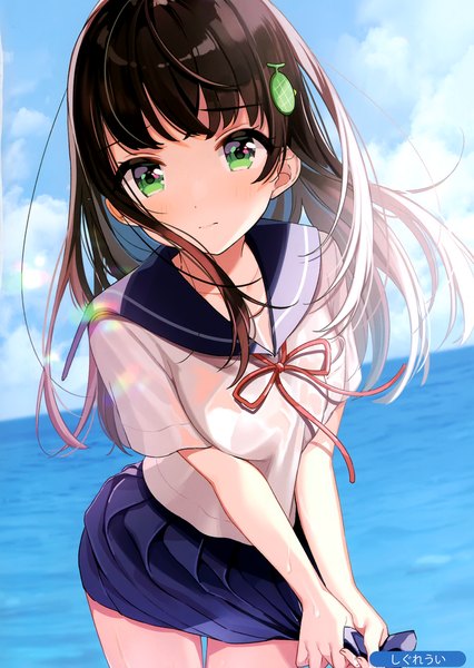 Anime picture 2099x2958 with melonbooks shigure ui single long hair tall image looking at viewer blush fringe highres breasts black hair standing green eyes signed sky cloud (clouds) outdoors blunt bangs pleated skirt wind