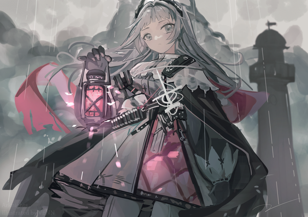 Anime picture 1350x953 with arknights irene (arknights) venn (vebonbon) single long hair looking at viewer fringe standing outdoors grey hair from below grey eyes rain girl dress gloves black gloves lantern lighthouse