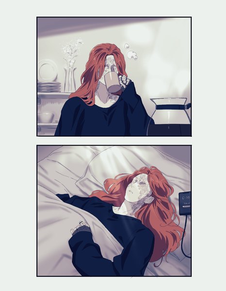 Anime picture 1371x1766 with elden ring malenia blade of miquella nayaman single long hair tall image red hair indoors lying long sleeves on back alternate costume drinking under covers comic girl pillow sweater bedsheet mobile phone
