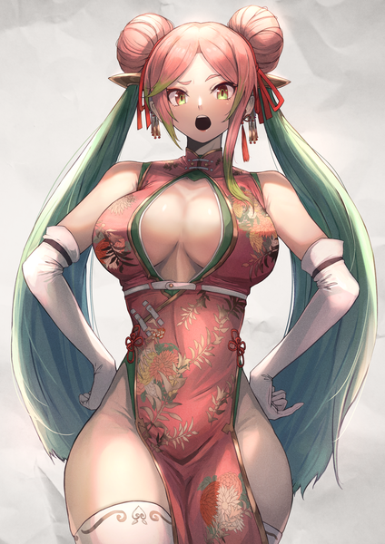 Anime picture 1654x2339 with original ohako (ohako1818) single long hair tall image looking at viewer blush fringe breasts open mouth light erotic simple background red eyes large breasts standing twintails bare shoulders payot pink hair traditional clothes