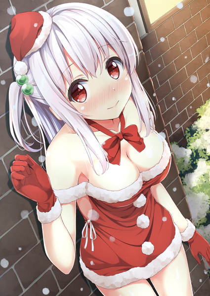 Anime picture 2508x3541 with original tisshu (karutamo) karutamo single long hair tall image looking at viewer blush fringe highres breasts light erotic hair between eyes red eyes standing bare shoulders payot cleavage outdoors white hair