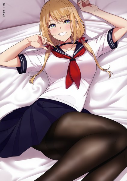 Anime picture 2530x3600 with original sukebewe single long hair tall image looking at viewer fringe highres breasts blue eyes light erotic blonde hair smile twintails indoors lying pleated skirt mole short sleeves grin