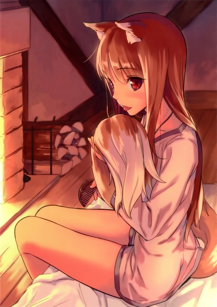 Anime picture 3009x4242 with spice and wolf horo kawakami rokkaku single long hair tall image blush highres red eyes brown hair sitting holding animal ears looking away absurdres tail animal tail bare legs wolf ears pointing
