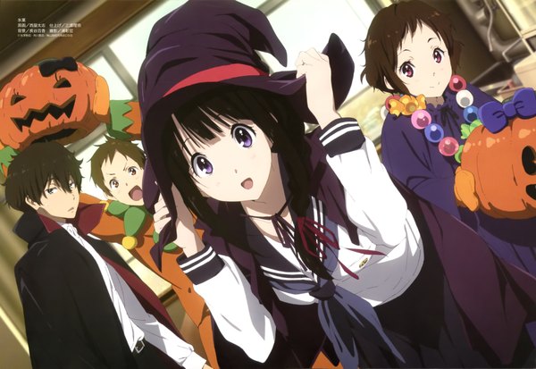 Anime picture 4203x2897 with hyouka kyoto animation megami magazine chitanda eru oreki houtarou ibara mayaka fukube satoshi looking at viewer highres open mouth black hair brown hair purple eyes multiple girls green eyes absurdres official art multiple boys cosplay girl