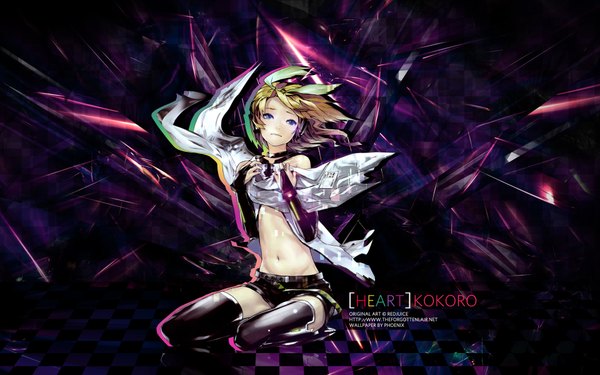 Anime picture 1920x1200 with vocaloid vocaloid append kagamine rin kagamine rin (append) redjuice xredphoenix single highres short hair blue eyes blonde hair wide image inscription midriff text english checkered floor girl thighhighs navel