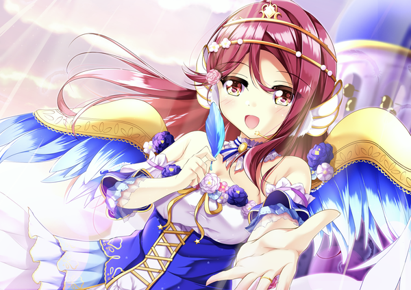 Anime picture 2105x1489 with love live! sunshine!! sunrise (studio) love live! sakurauchi riko yangus (hoiji28) single long hair looking at viewer blush fringe highres breasts open mouth smile hair between eyes bare shoulders holding brown eyes sky red hair