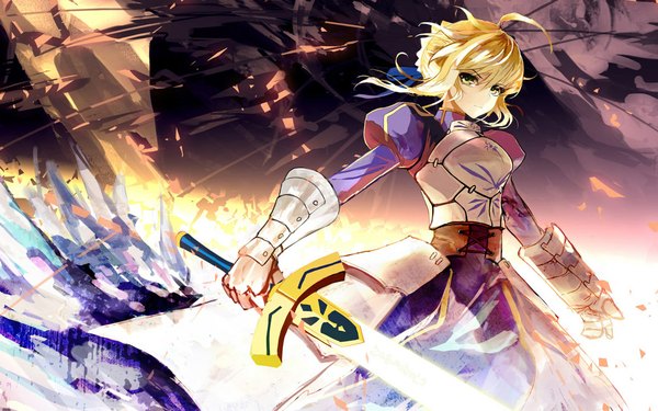 Anime picture 1154x723 with fate (series) fate/stay night type-moon artoria pendragon (all) saber shengkong (prank) single looking at viewer fringe short hair blonde hair green eyes ahoge wind girl ribbon (ribbons) weapon hair ribbon sword armor