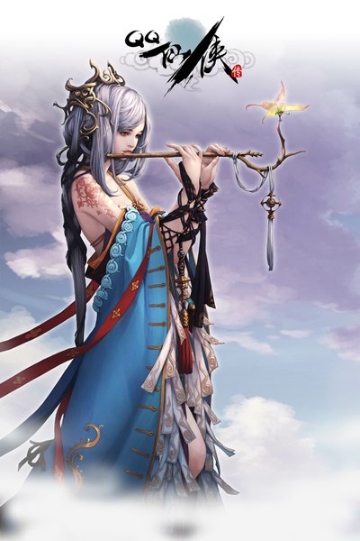 Anime picture 1500x2250 with original lange single long hair tall image fringe blonde hair purple eyes bare shoulders sky cloud (clouds) very long hair realistic inscription tattoo girl dress hair ornament ribbon (ribbons) insect