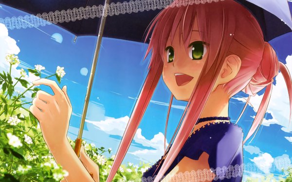 Anime picture 2560x1600 with cafe sourire cuffs (studio) mizushima serika eretto single long hair highres open mouth smile wide image green eyes pink hair sky :d blurry hair bun (hair buns) depth of field girl flower (flowers) choker