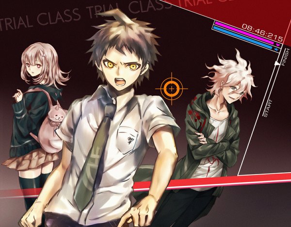 Anime picture 1183x924 with dangan ronpa nanami chiaki komaeda nagito hinata hajime madogawa short hair open mouth brown hair yellow eyes pink hair white hair pink eyes looking back inscription multiple boys group crossed arms girl thighhighs boy