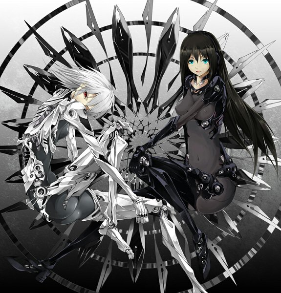 Anime picture 1000x1044 with original solru (tyappygain) long hair tall image looking at viewer short hair blue eyes light erotic black hair red eyes multiple girls white hair mechanical girl dress 2 girls bodysuit android