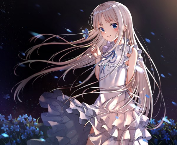 Anime picture 4000x3280 with ano hi mita hana no namae wo bokutachi wa mada shiranai a-1 pictures honma meiko xue lu single long hair looking at viewer blush fringe highres blue eyes smile standing bare shoulders holding payot absurdres silver hair outdoors blunt bangs