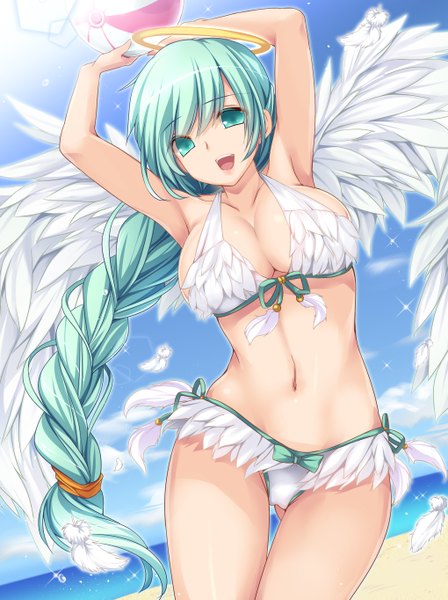 Anime picture 1020x1364 with original moneti (daifuku) single long hair tall image looking at viewer breasts open mouth blue eyes light erotic large breasts blue hair braid (braids) girl navel swimsuit bikini wings feather (feathers) halo