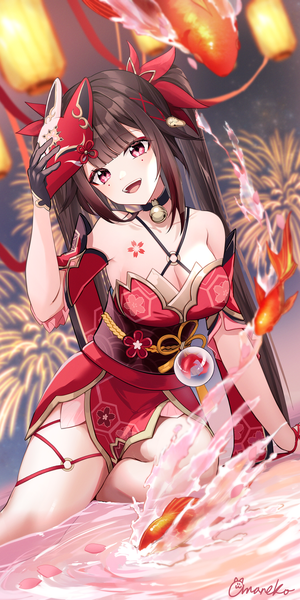 Anime picture 2654x5310 with honkai: star rail honkai (series) sparkle (honkai: star rail) amaneko (amaneko y) single long hair tall image highres breasts open mouth light erotic brown hair sitting twintails cleavage :d pink eyes arm support tattoo mask on head