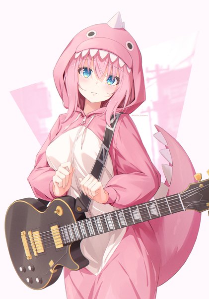 Anime picture 3227x4600 with bocchi the rock! cloverworks gotou hitori daidai (daidai826) single long hair tall image looking at viewer fringe highres blue eyes hair between eyes standing pink hair absurdres head tilt girl musical instrument guitar pajamas