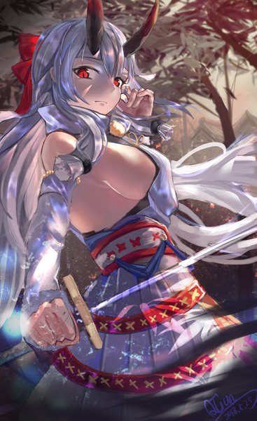 Anime-Bild 1169x1909 mit fate (series) fate/grand order tomoe gozen (fate) lm520lm520 single long hair tall image looking at viewer fringe breasts light erotic hair between eyes red eyes large breasts standing holding signed silver hair traditional clothes japanese clothes