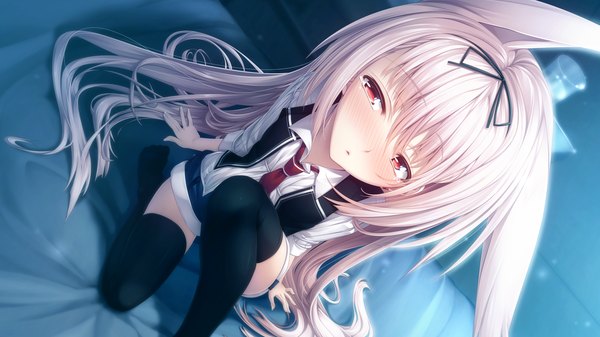 Anime picture 1280x720 with gleam garden no shoujo luna (gleam garden no shoujo) char single long hair looking at viewer blush red eyes wide image animal ears game cg white hair bunny ears girl thighhighs black thighhighs