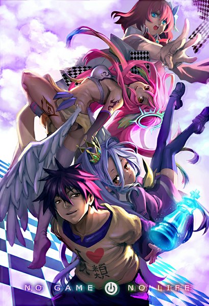 Anime picture 750x1096 with no game no life madhouse shiro (no game no life) jibril (no game no life) stephanie dora sora (no game no life) lucidsky long hair tall image looking at viewer short hair open mouth blue eyes light erotic hair between eyes multiple girls yellow eyes pink hair purple hair ass