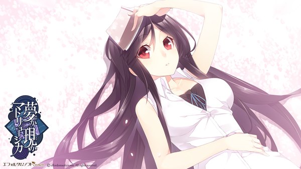 Anime picture 1920x1080 with yume ka utsutsu ka matryoshka houri miyako senmu single long hair highres black hair red eyes wide image lying girl petals book (books)