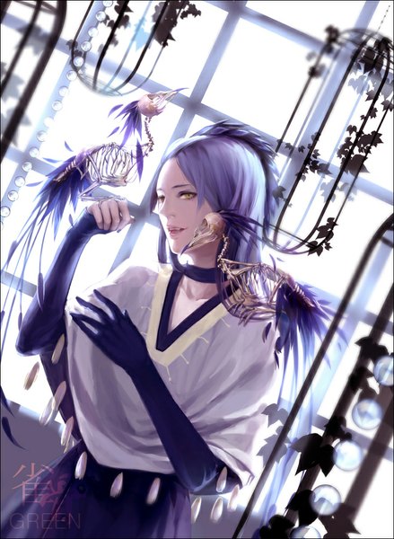 Anime picture 732x1000 with original green (pixiv) long hair tall image looking at viewer open mouth sitting signed yellow eyes purple hair skeleton sitting on person girl gloves plant (plants) animal elbow gloves bird (birds) feather (feathers) beads