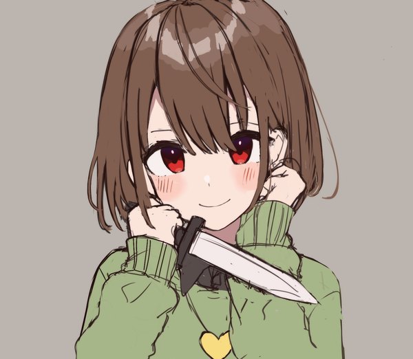 Anime picture 1585x1378 with undertale chara (undertale) nano mochi single looking at viewer blush fringe short hair simple background smile hair between eyes red eyes brown hair holding upper body long sleeves grey background androgynous sketch hand on cheek