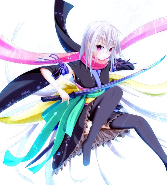 Anime picture 1371x1518 with original nagishiro mito single long hair tall image simple background white background purple eyes white hair traditional clothes girl thighhighs weapon black thighhighs detached sleeves sword scarf katana