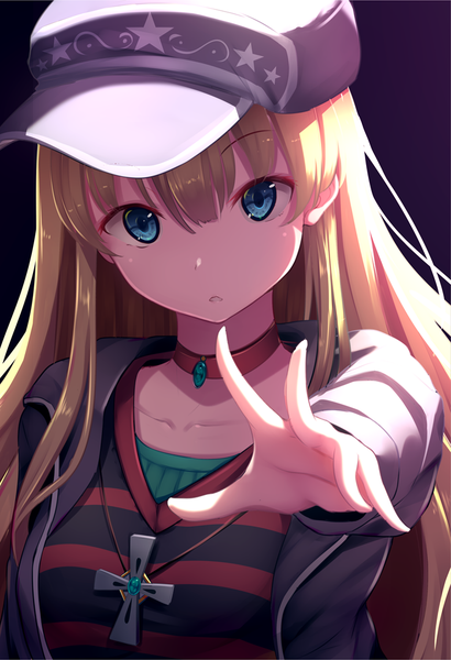 Anime picture 698x1020 with original nicoby single long hair tall image looking at viewer fringe blue eyes blonde hair hair between eyes upper body parted lips open jacket dark background striped outstretched hand girl hat choker jacket