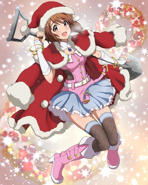 Anime picture 1100x1375 with idolmaster hagiwara yukiho hina (araburu-hinadori) single tall image blush short hair open mouth smile brown hair brown eyes full body bent knee (knees) :d zettai ryouiki fur trim snowing christmas exhalation knees together feet apart