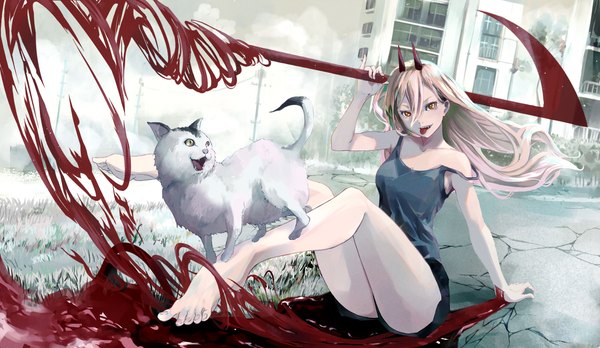 Anime picture 4992x2894 with chainsaw man mappa power (chainsaw man) meowy (chainsaw man) peropicnic single long hair looking at viewer fringe highres light erotic blonde hair hair between eyes red eyes wide image absurdres full body barefoot horn (horns) arm support