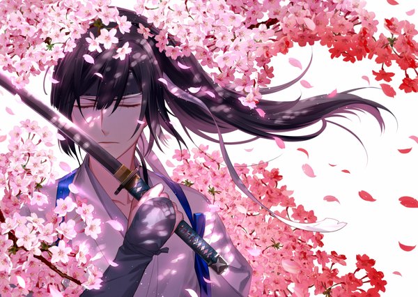 Anime picture 1280x909 with original tayuya1130 single long hair fringe white background holding purple hair ponytail eyes closed wind lips cherry blossoms boy flower (flowers) plant (plants) tree (trees) hairband branch