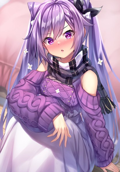 Anime picture 1423x2046 with genshin impact keqing (genshin impact) tenton (henatyo) single long hair tall image looking at viewer blush fringe open mouth hair between eyes sitting purple eyes twintails bare shoulders payot purple hair head tilt hair flower :o
