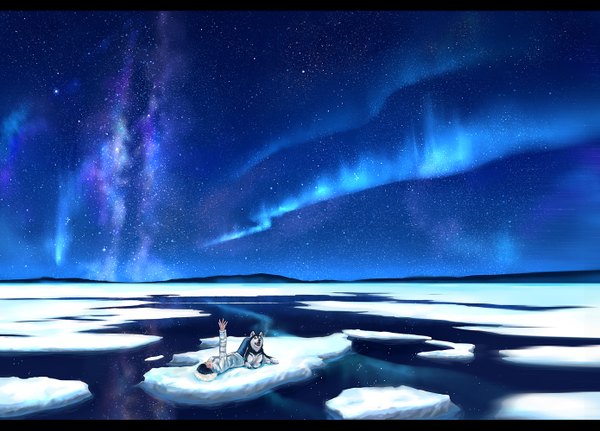 Anime picture 1390x1000 with original megatruh short hair black hair sky outstretched arm letterboxed landscape milky way aurora borealis boy animal water star (stars) dog ice