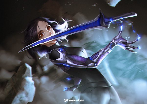 Anime picture 1920x1357 with battle angel alita gally hinson lew single looking at viewer highres short hair black hair red eyes standing signed realistic leaning twitter username covered mouth girl weapon sword bodysuit stone (stones)