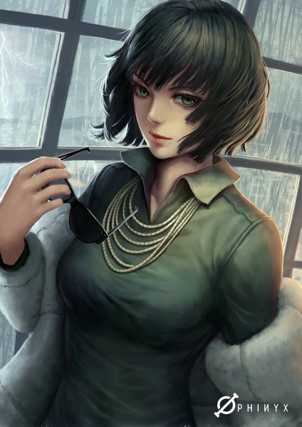 Anime picture 744x1052 with one-punch man madhouse fubuki (one-punch man) namae shifuta single tall image looking at viewer fringe short hair black hair green eyes indoors long sleeves light smile wind realistic lightning girl glasses window