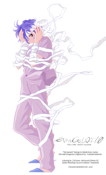 Anime picture 1000x1636 with neon genesis evangelion gainax ayanami rei azcanon (artist) single tall image short hair red eyes white background purple hair inscription coloring girl shoes bandage (bandages) pajamas slippers