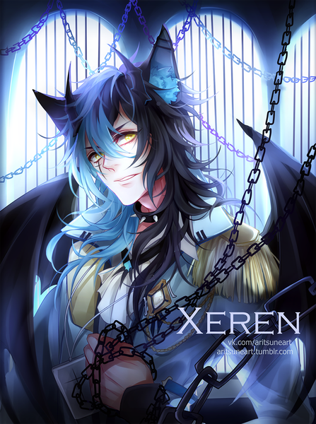 Anime-Bild 1000x1341 mit original aritsune single long hair tall image looking at viewer fringe black hair hair between eyes signed animal ears yellow eyes blue hair head tilt multicolored hair horn (horns) two-tone hair demon wings boy uniform