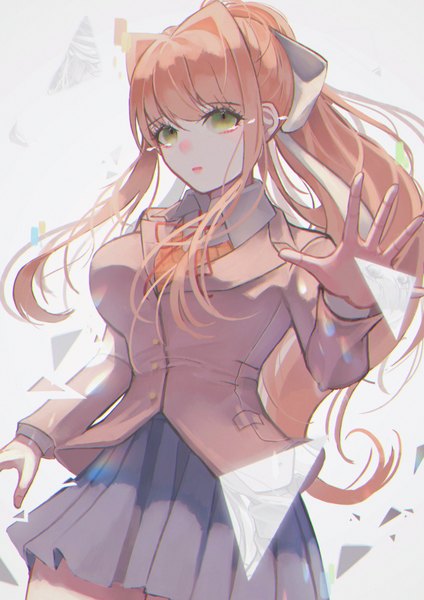 Anime picture 2480x3506 with doki doki literature club monika (doki doki literature club) wny (wnys art) single long hair tall image looking at viewer blush fringe highres breasts open mouth simple background standing white background green eyes payot ponytail long sleeves pleated skirt