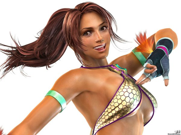 Anime picture 1600x1200 with tekken namco (studio) christie monteiro long hair highres breasts light erotic brown hair brown eyes ponytail realistic official art armpit (armpits) wallpaper underboob 3d gloves fingerless gloves armband