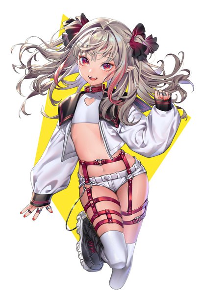 Anime picture 1158x1696 with virtual youtuber nijisanji makaino ririmu tenobe single long hair tall image open mouth light erotic simple background smile red eyes white background bent knee (knees) long sleeves nail polish multicolored hair pointy ears grey hair open jacket