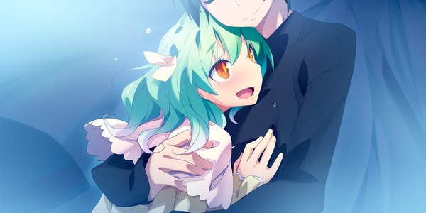 Anime picture 2400x1200 with kaminoyu (game) highres open mouth wide image green eyes game cg orange eyes hug girl boy