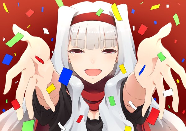 Anime picture 1130x800 with idolmaster shijou takane tasiros single long hair looking at viewer open mouth red eyes white hair red background girl dress hairband confetti