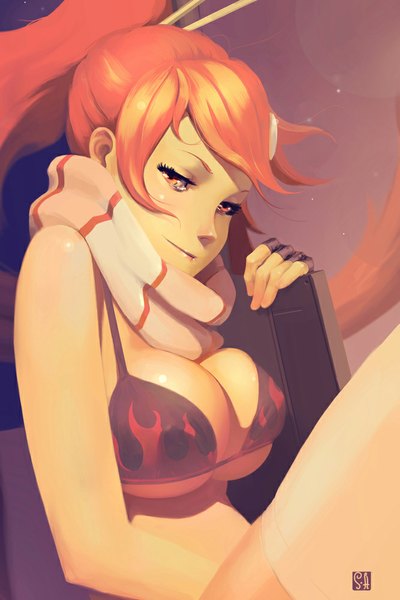 Anime picture 667x1000 with tengen toppa gurren lagann gainax yoko littner soft-h (artist) single long hair tall image looking at viewer breasts light erotic red eyes large breasts bare shoulders ponytail red hair girl gloves scarf fingerless gloves bikini top
