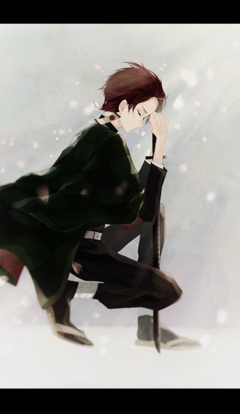 Anime picture 2500x4311 with kimetsu no yaiba ufotable kamado tanjirou hana (kyonkyon999) single tall image highres short hair full body red hair eyes closed traditional clothes japanese clothes profile snowing letterboxed winter snow boy weapon