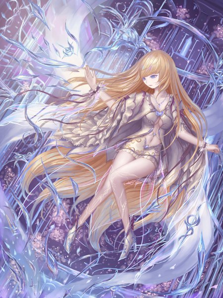 Anime picture 1200x1600 with original rinmmo single tall image fringe breasts blue eyes light erotic blonde hair looking away full body very long hair wide sleeves high heels flying center opening girl dress navel wings