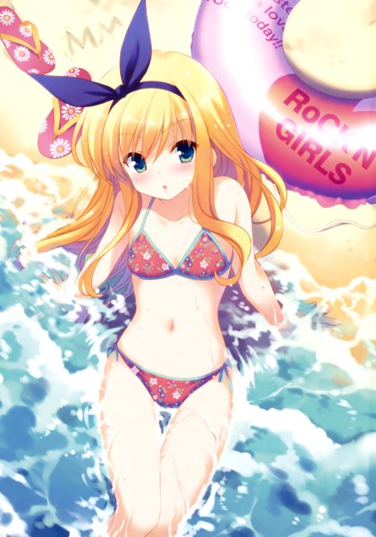 Anime picture 1119x1600 with mm! xebec isurugi mio qp:flapper single long hair tall image looking at viewer blush light erotic blonde hair green eyes beach girl bow swimsuit hair bow