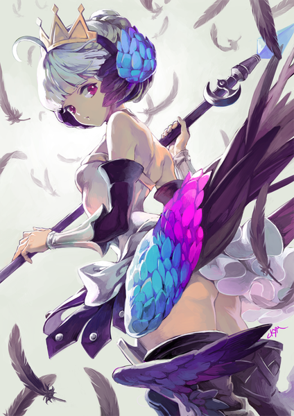 Anime picture 620x877 with odin sphere vanillaware gwendolyn chkuyomi single tall image fringe short hair light erotic simple background purple eyes bare shoulders signed looking away ahoge white hair from below girl weapon detached sleeves