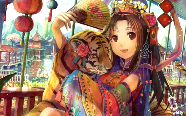 Anime picture 1920x1200 with fuzichoco single long hair looking at viewer blush highres open mouth smile brown hair brown eyes sky long sleeves traditional clothes fingernails wide sleeves teeth chinese clothes mountain long fingernails girl